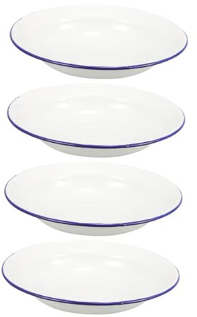OUNONA Lot de 4 Assiettes en Acier Émaillé 20 cm, Bord Bleu