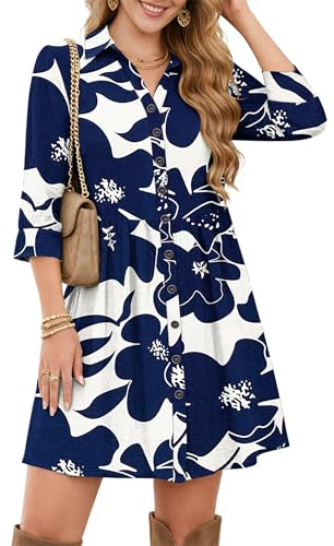WNEEDU Robe Chemise Femme Ete Chic et Elegant Manche 3/4 Robe de Plage