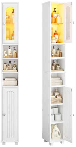 FORABAMB Badezimmerschrank schmal Badschrank mit LED-Beleuchtung & Glastüren, Badezimmer Schrank mit verstellbaren Ablagen & offenen Fächern,Aufbewahrungsschrank für kleine Bäder,19.5x19.5x180 cm,Weiß