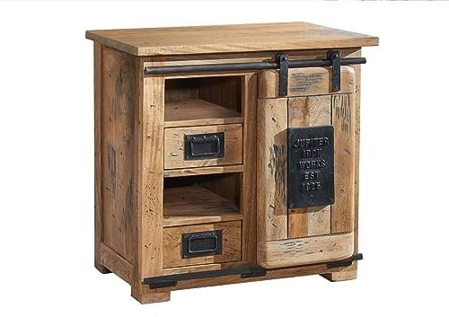 MASSIVMOEBEL24.DE | Railway kleine Kommode aus Massivholz #123 - Natur lackiert | aus Mangoholz | 70x45x70cm | 2 Schubladen - mit Tür | Sideboard Schrank