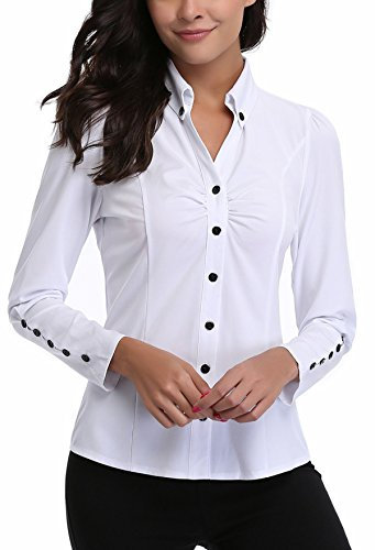 MISS MOLY Women's Formal V Neck Long Sleeve Blouse Top Smart Work Wear White Medium