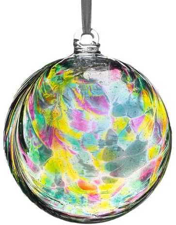 Sienna Glass 10cm Hanging Friendship Ball – Handcrafted Multicoloured Mouth-Blown Glass Ornament with Feather Design – Unique Gift Boxed Decoration for Windows, Gardens, Memorials, Birthdays