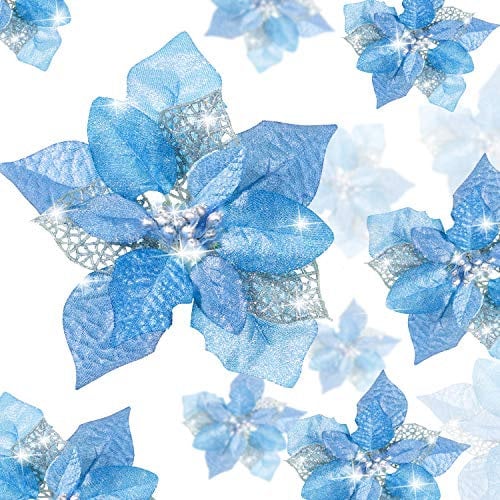 24 Stücke Weihnachten Funkeln Weihnachtsstern Blumen Künstliche Weihnachten Blumen Hochzeit Weihnachtsbaum Neujahr Ornamente (Blau)