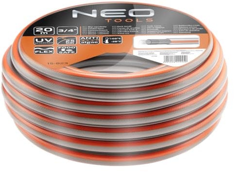 NEO TOOLS Gartenschlauch 3/4 Zoll, 20 m Länge, 4-lagiger - UV-beständig, Flexibel Schlauch, Food Safe – Trinkwasserschlauch - Wasserschlauch aus Erst-PVC mit Anti-Algen-Innenausstattung - Optima Serie