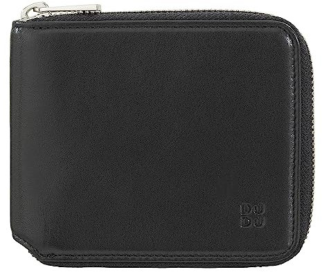 DUDU Herren-Brieftasche RFID, aus weichem Leder mit kleinem außenliegendem Reißverschluss und 6 Kreditkartenfächern. Schwarz