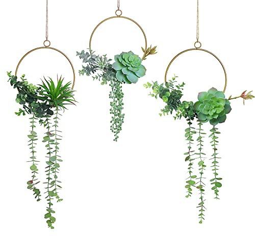 C&Z Künstliche Sukkulentenkranz, 3 Stück, hängende Goldfarbene geometrische Girlande, grüne Kranz, Wanddekoration für Hochzeit, Party, Kinderzimmer, Hintergrund