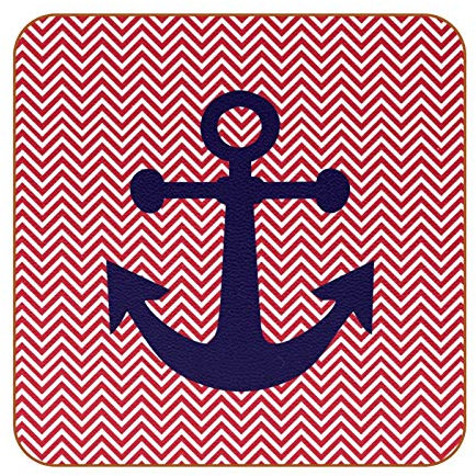 Untersetzer aus PU-Leder für Getränke, Motiv: Traubenanker mit rotem Zickzack-Zack-Zickzackmuster, 6 Stück, quadratische Getränkeuntersetzer für Zuhause oder Bar, Einweihungsgeschenk