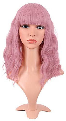 MapofBeauty 14 Zoll/35 cm Kurze Gewellte Lockige Frauen Frische Helle Synthetische Gewöhnliche Flache Pony Bob Perücke (Rouge Rosa)