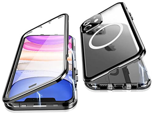 Jonwelsy Hülle für iPhone 11, 360 Grad Beidseitig Schutz Kompatibel mit Magsafe Magnetische Adsorption Metallrahmen Case Vorne Glas Hinten Frosted PC Cover Handyhülle für iPhone 11 6,1 (Schwarz)