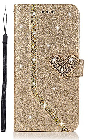 Unichthy For iPhone 13 Pro Max Case All Glitter for Girls Bling Love Heart 3D Gems Sparkle Shockproof Leather Wallet Flip Magnetic Protective Phone Case Folio Book Covers for iPhone 13 Pro Max Gold
