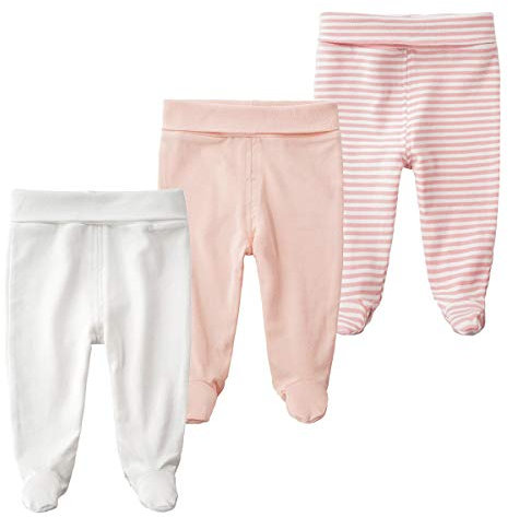 BINIDUCKLING Baby 3er Pack Hohe Taille Hose mit Fuß - aus Baumwolle - Baby Pumphose Strampelhose mit Fuß für Jungen Mädchen, 0-3 Monate, Rosa