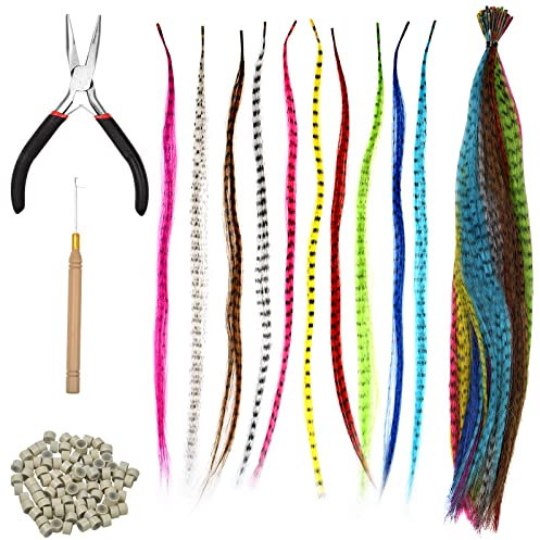 50 Stück Federhaarverlängerungs-Set, Synthetisch Haarsträhnen Farbiger Haarverlängerungs Clip Feder Extensions Strähnchen Bunt Gerade Haarteil mit 100 Silikonring, Zange und Häkchen
