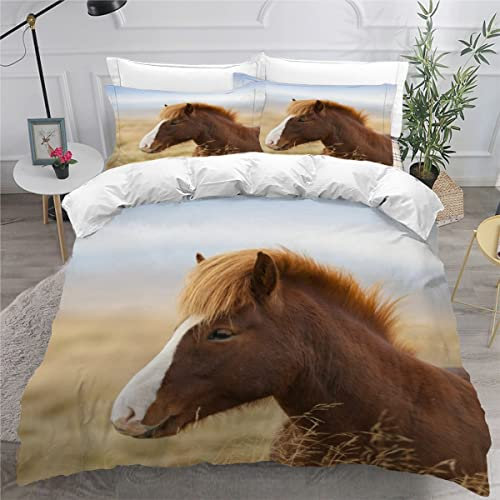 Bettwäsche 135x200 Islandpferd Bettbezug Set Weich Microfaser Bettwaren Prärie-Mustang Bettwäsche-Set für Kinder Teenager ReißVerschluss Bettbezug Mit 2 Kissenbezug 80x80cm