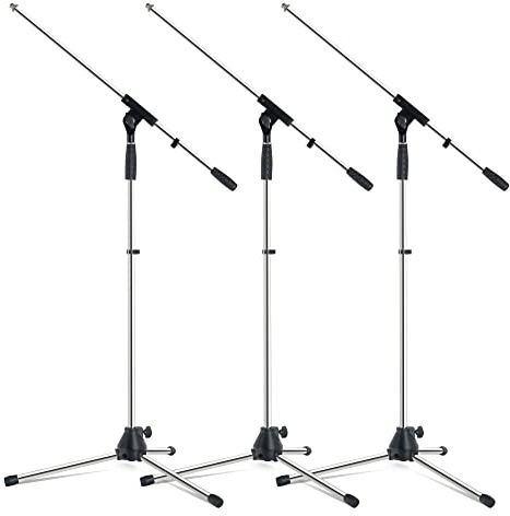 Pronomic Mikrofonständer MS-25C Pro 3x Set - dreibeinig mit Gummifüßen - Galgen in Länge und Neigung verstellbar - Robuste Klemmen und Schrauben - Inklusive Kabelklemmen und Reduziergewinde - Chrom