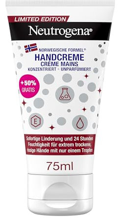 Neutrogena Handcreme konzentriert unparfümiert, beruhigende Feuchtigkeitscreme gegen rissige Haut mit 40% Glycerin + Vitamin E, sofort feuchtigkeitsspendende Handcreme für sehr trockene Hände (75 ml)