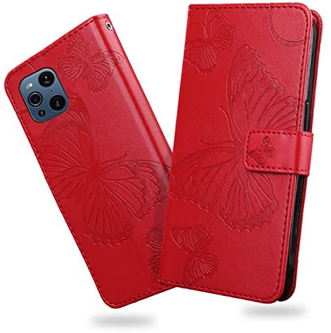 DENDICO Hülle für Oppo Find X3 / Oppo Find X3 Pro, PU Leder Magnetverschluss Flip Handyhülle Schutzhülle mit Standfunktion und Kartenfach für Oppo Find X3 / Oppo Find X3 Pro, Rot