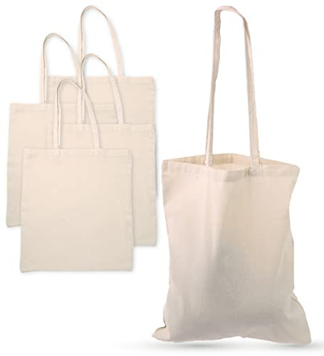 DIVCHI Pack Of 5 Cotton Tote Bag Eco-Friendly Shopping Bag 100% Cotton Canvas Reusable Grocery Cloth Bag With Extra Strong Long Handle - Ideal for Printing & Embroidery (38cm x 42 cm x 70cm)