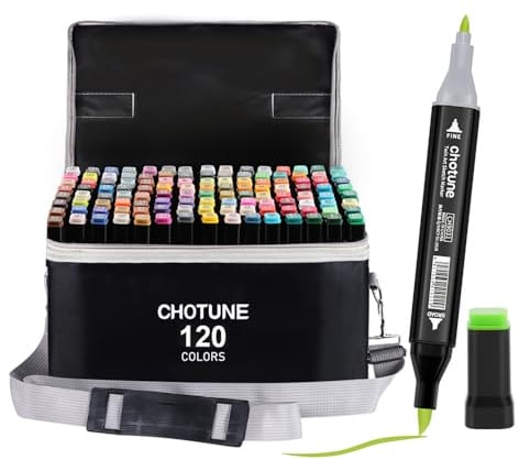 CHOTUNE 120 Farben Marker Set, Permanente Filzstifte mit Weicher Spitze, Einzigartiges Doppelkopf-Design, Ausgestattet mit Schwarzer Tragetasche Lagerbasis für Manga Skizzieren Zeichnung
