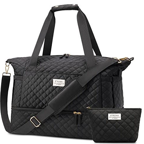 ETRONIK Reisetasche für Frauen, Gym Duffel Bag mit USB-Ladeanschluss, Weekender Overnight Bag mit Nassfach und Schuhfach für Frauen Travel Gym täglichen Gebrauch (Schwarz)