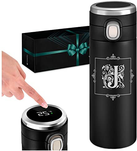 Maverton Gourde Isotherme Personnalisable - Mug hermétique 400ml avec gravure - Cadeau Homme - pour café - thé - Bouteille Isotherme avec afficheur LED - Cadeau Anniversaire Homme - Monogramme