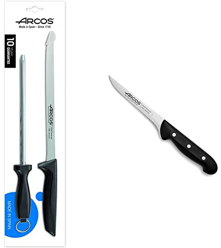 Arcos Serie Niza, Set Jamonero 2 pzas. Jamonero + Chaira, 2 UDS & Maitre, Cuchillo Deshuesador, Acero Inoxidable Nitrum 160 mm, Mango Polipropileno Negro