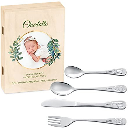 Maverton Kinderbesteck Set mit Gravur + Holzbox mit Aufdruck - mit Tieren - aus Edelstahl - Weihnachtsgeschenke - Braun - Geschenk für Mädchen zum Geburtstag zur Taufe Geburt - Foto 5