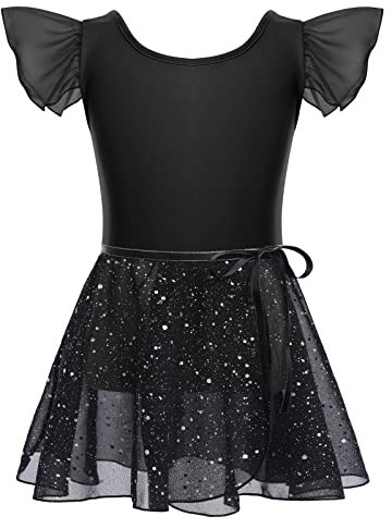 Gymnastik Trikots für Mädchen Ballettkleidung Kinder Ballett Tanz Kleid Bodysuit mit Chiffon Wrap Rock Baumwolle Criss-Cross U-Rücken Tütü Tanzoutfit Rhythmische Sportgymnastik Schwarz + Rock 6-7J