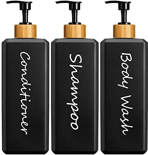 gmisun 3-Stück Shampoo Dispenser Set, 500ml Bambus-Look Kunststoff-Flaschen mit Pumpe, Nachfüllbar, Schwarz - Perfekt für Shampoo, Conditioner, Körperwäsche und Lotion