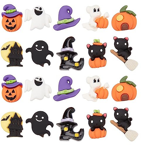 SUNNYCLUE 1 Box 40 Stück 10 Stile Halloween Cabochons Cartoon Flatback Cabochon Kürbis Geist Katze Mond Halloween Harzanhänger Für Verzierungen Flatback Scrapbooking Deko Haarspangen DIY Bastelbedarf