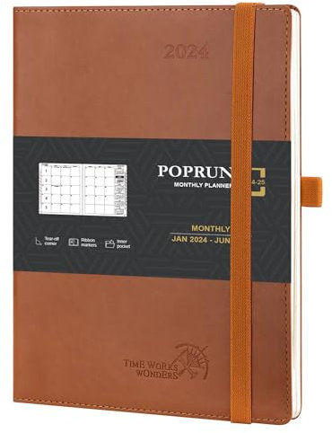 POPRUN Kalender 2024 2025 Monatsplaner 22 x 16,5 cm Auf Englisch - 18 Monate Monatskalender Softcover (Jan 2024 - Jun 2025) - 1 Monat 4 Seiten, 112 Seiten, 100 GSM Papier, PU-Leder - Braun