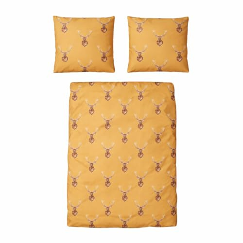Traumschloss Classic Microfaser Flanell Bettwäsche, Hirsch, Muster, Gold, 155x220 & 80x80, 100% Polyester, wärmend & kuschelig, mit Reißverschluss bestehend aus Kissen und Bettbezug
