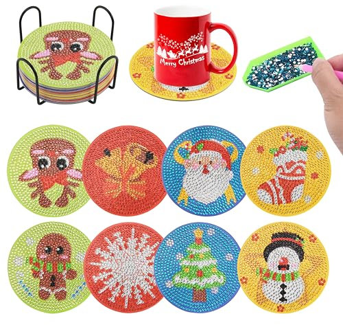 Diamond Painting Coasters Christmas Set of 8 5D Diamond Painting Kids Diamond Art Painting Coasters Set with Holder Suitable for Cups,Christmas Coasters