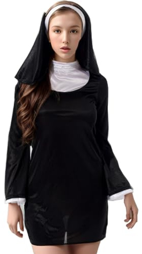 ZUYPSK Damen Nonnen Kostüm Wetlook Kleid und Kopfbedeckung Nonnenkleid Halloween Karneval Mottoparty Cosplay Reizwäsche Uniform Party Outfits