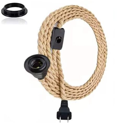 Hemp Rope Pendant Lights 4.5m, Vintage Twisted Hemp Cord Hanging Light Kit with Plug DIY Decoration, E27 Lamp Holder Suspended Kit Fit Bedroom Living Room Kitchen (UK Plug)