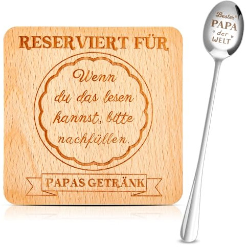 Perthlin Papa Geschenke Holz Untersetzer für Papa Vater Löffel mit Gravur Lustiges Untersetzer Vatertagsgeschenk Edelstahl Löffel Bester Papa der Welt Geschenk für Männer Vatertag Geburtstagsgeschenk