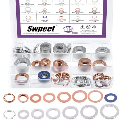 Swpeet 105 pièces M10 M12 M14 M16 M18 m20 aluminium et Cooper joints d'étanchéité et 4 types de bouchons de vidange d'huile combo kit de joints d'étanchéité à l'huile sous pression compatible avec
