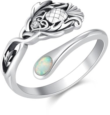 Scottish Thistle Ring 925 Sterling Silver Scottish Thistle Spoon Ring Adjustable Thumb Ring with Open Opal Scottish Thistle Jewelry Gift for Women Men