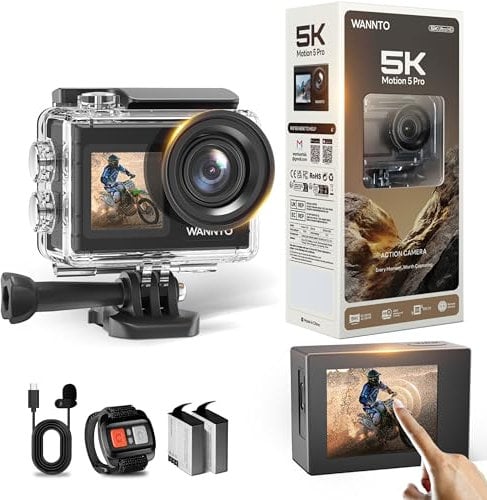 WANNTO Action Camera 5K 24MP Motion 5 Pro, WiFi EIS 170° Wide Angle Dual Screen 40M Waterproof Underwater Camera for Snorkeling, with External Microphone, Charger (Motion 5 Pro)
