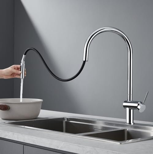 Imex Küchenarmatur, ausziehbar, Einhebelmischer, Küchenarmatur mit 360° flexiblem Griff, Serie Berna, Chrom