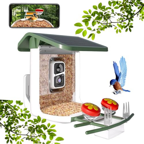 QUICTIGRY Vogelfutterstation mit Kamera, KI Identifizieren von Vogelarten, solarbetriebene intelligente Vogelkamera, Live-Ansicht, sofortige Ankunftswarnungen, Vogelvideo aufnehmen, Vogelliebhaber