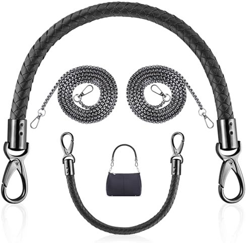 ADNEWX 4 STK Taschengriffe Leder 40cm mit Kette Tasche 120cm Schwarz für Rund Geflochten Taschenhenkel Schultergurt Handtaschen-Ersatzgriff mit Karabinerhaken