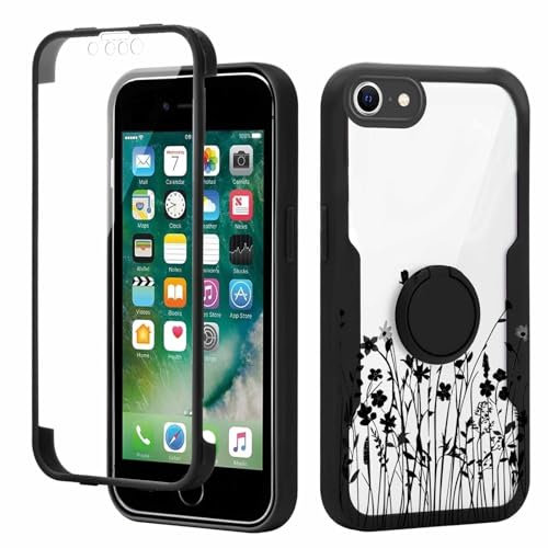 Yoedge Kickstand Phone Case for iPhone 8/SE 2022/7/SE 2020 4.7,360°Rotatable Magnetic Ring Holder Cases, Full Body Shockproof Silicone Cover Built-in Screen Protector Case, Blcak Flower for iPhone 7