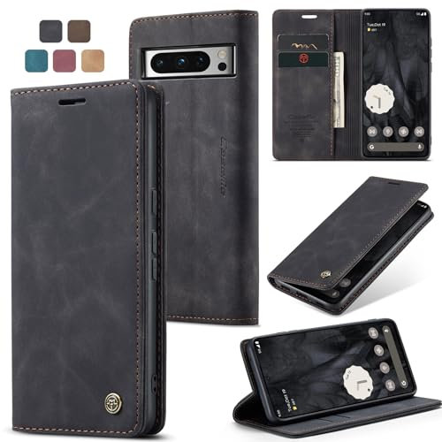 owlhold Handyhülle für Google Pixel 8 Pro Hülle Premium Lederhülle Weiches Vintage-Nubukleder Faltbare Ständer Schutzhülle Kartenfach Standfunktion stoßfest klapphülle Pixel 8 Pro -Schwarz