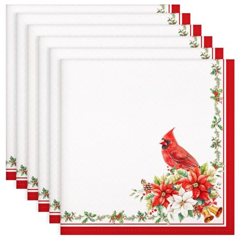 Arquiel Servietten Weihnachten Rot Vogel 4er-Set, Stoffservietten 100% Baumwolle Weiches Hochwertige Wiederverwendbare Esstisch Servietten für Weihnachten Küche Haushalt Party(45×45cm)