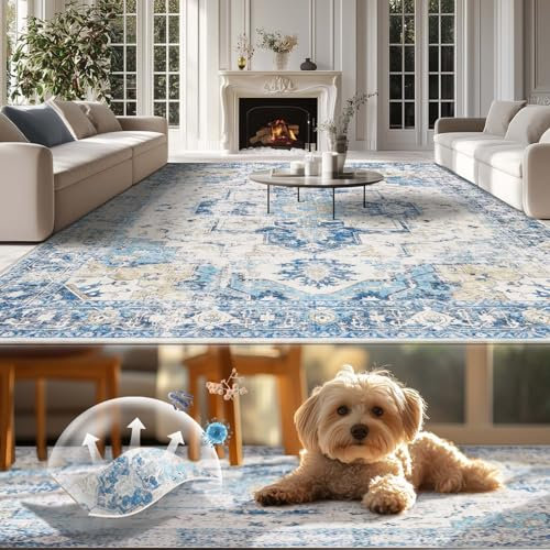 TOPICK Teppich 240x300cm Wohnzimmer Waschbar Kurzflor Retro Blau Blumen Orientalischer Antibakterieller Faltbar Weich rutschfest Dünn Schlafzimmer Kinderzimmer Wohnzimmer Flur
