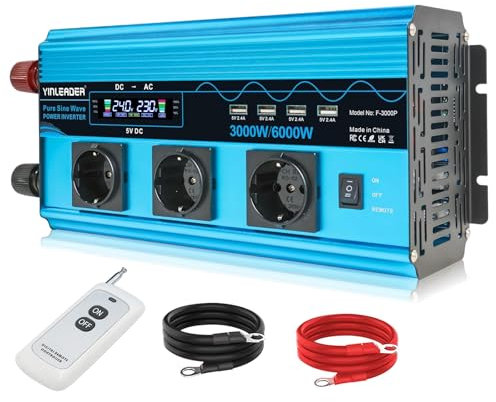 Yinleader Wechselrichter 3000W Reiner Sinus-Spannungswandler 24V 230V mit LCD | 3 Steckdosen und 4 USB kabellose Fernbedienung /6000W
