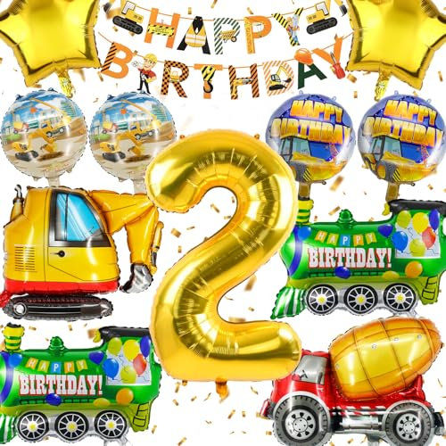 Hierein Geburtstagsdeko 2 Jahre Jungen, 12 Stück Bagger Luftballons Kindergeburtstag Deko, XXL Baustelle Ballons Deko Geburtstag mit Happy Birthday Banner für 2 Jahre Jungen Kinder, Party Deko