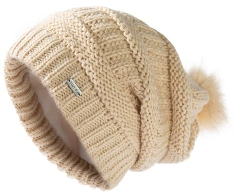 TOP-EX Damen Beanie 100% Wolle Strickmütze mit Bommel - Satinfutter & Winddicht für Winter Outdoor-Sport - Beige