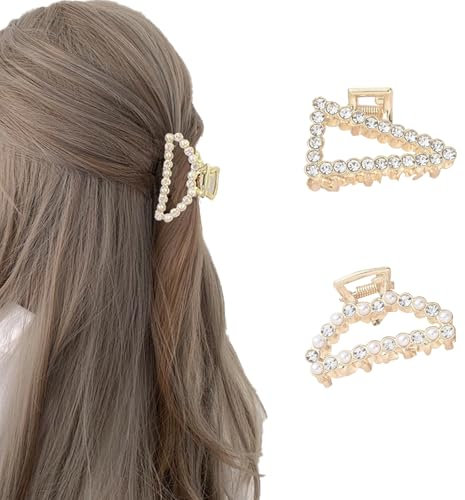 Wjelet 2 Stück Haarklammern Gold Metall Haarspangen Klein Perlen Kristall Haarschmuck Damen Dünnes Haar Haarspange für Frauen und Mädchen (D + Dreieck)