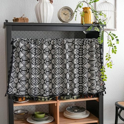 Skcess 1PCS Flächenvorhang Schwarz, Polyester Baumwolle Vorhang Abdunkelnd Geometrisches Muster Mit Bohemia-Aufdruck Vorhang Kurz 150X45CM